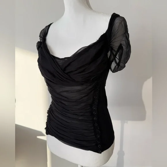 Donna Karan Black Sheer Ruched Corset-Style Top - Picture 2 of 6